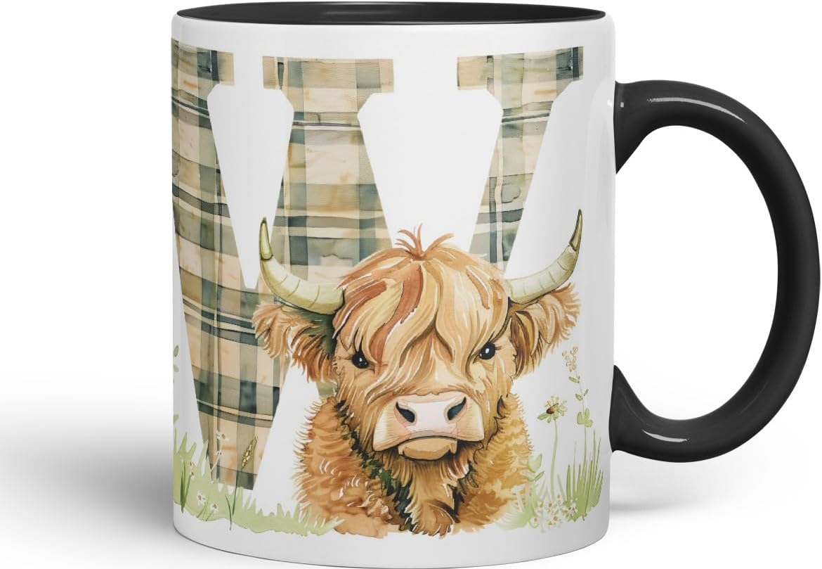 Vixar Highland Cow Alphabet Monogram Coloured Ceramic Cup Mug – Letter W – Rustic Farmhouse Animal Letter Gift – 11oz (Black)