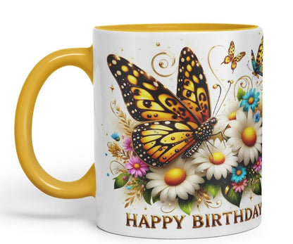 Vixar Happy Birthday Golden Butterfly Daisies Coloured Ceramic Mug Cup Gift 11oz V9 (Black)