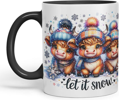 Vixar Let It Snow Cute Highland Cow Coloured Mug Cup Winter Christmas Animal Gift 11oz (Black)