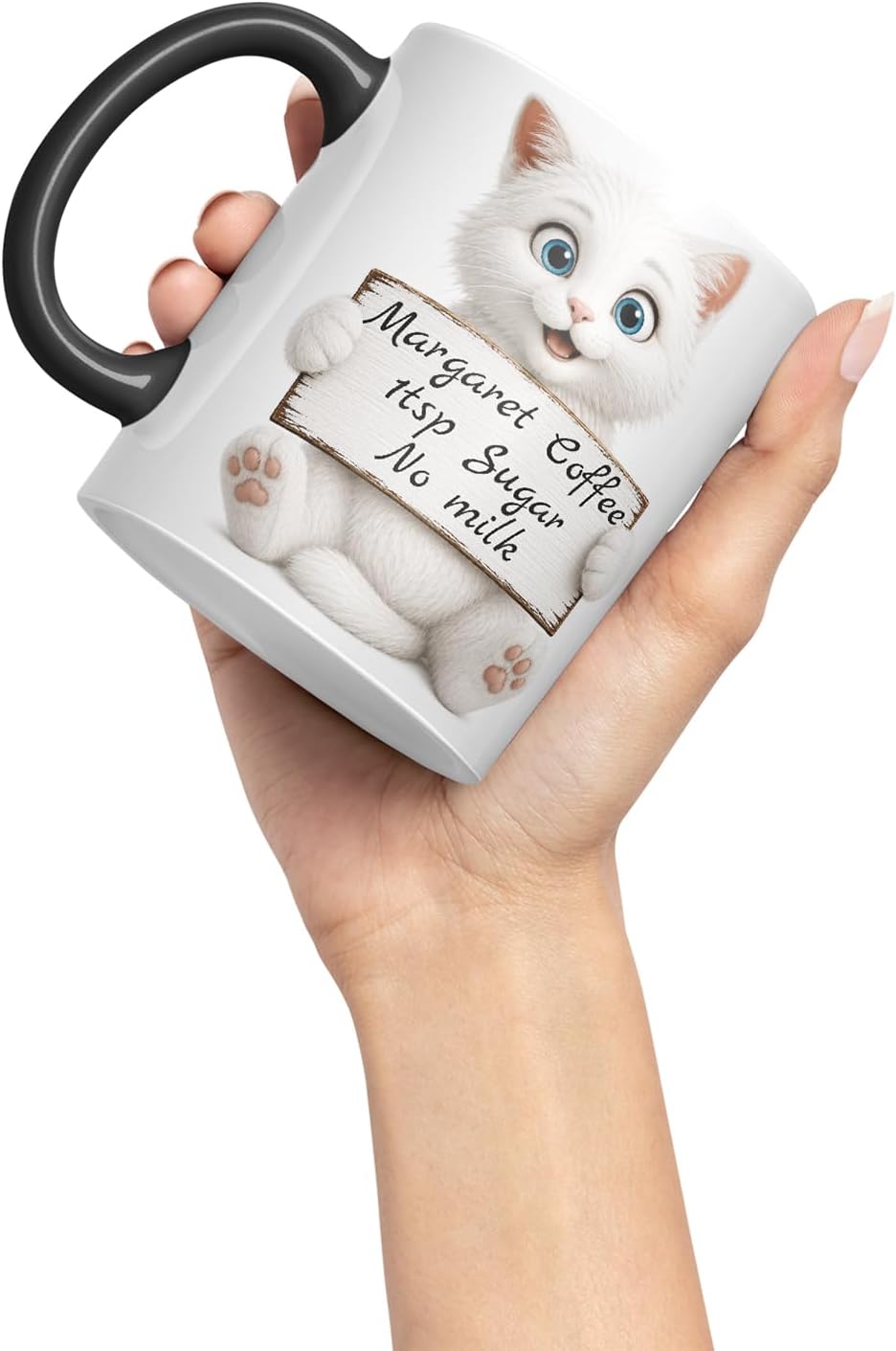 Vixar Personalised White Cat Mug with Name or Custom Message – Cute Animal Coloured Ceramic Mug Cup Gift, 11oz (Black)