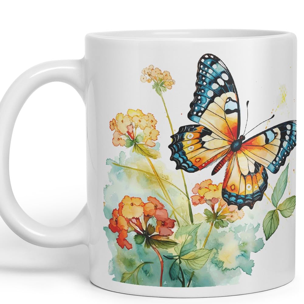 Vixar Ceramic Mug “Butterfly with Flowers” – Coloured Coffee & Tea Mug Cup 11oz 330ml (Dark Green)
