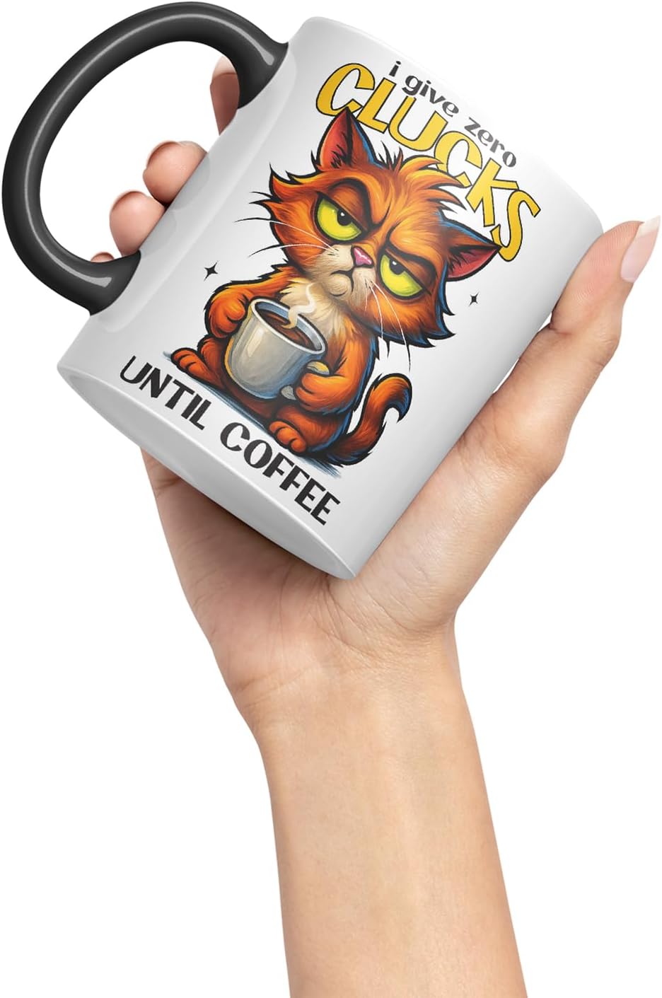 Vixar I Give Zero Clucks Until Coffee Funny Cat Mug – Coloured Ceramic Mug Cup Gift, 11oz (Black)