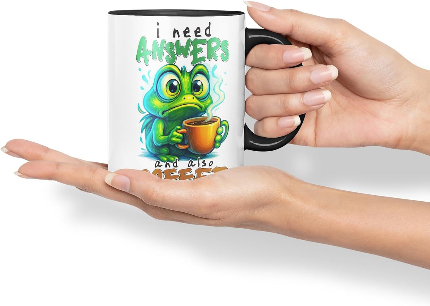 Vixar I Need Answers and Also Coffee Funny Frog Mug – Coloured Ceramic Mug Cup Gift, 11oz (Black)