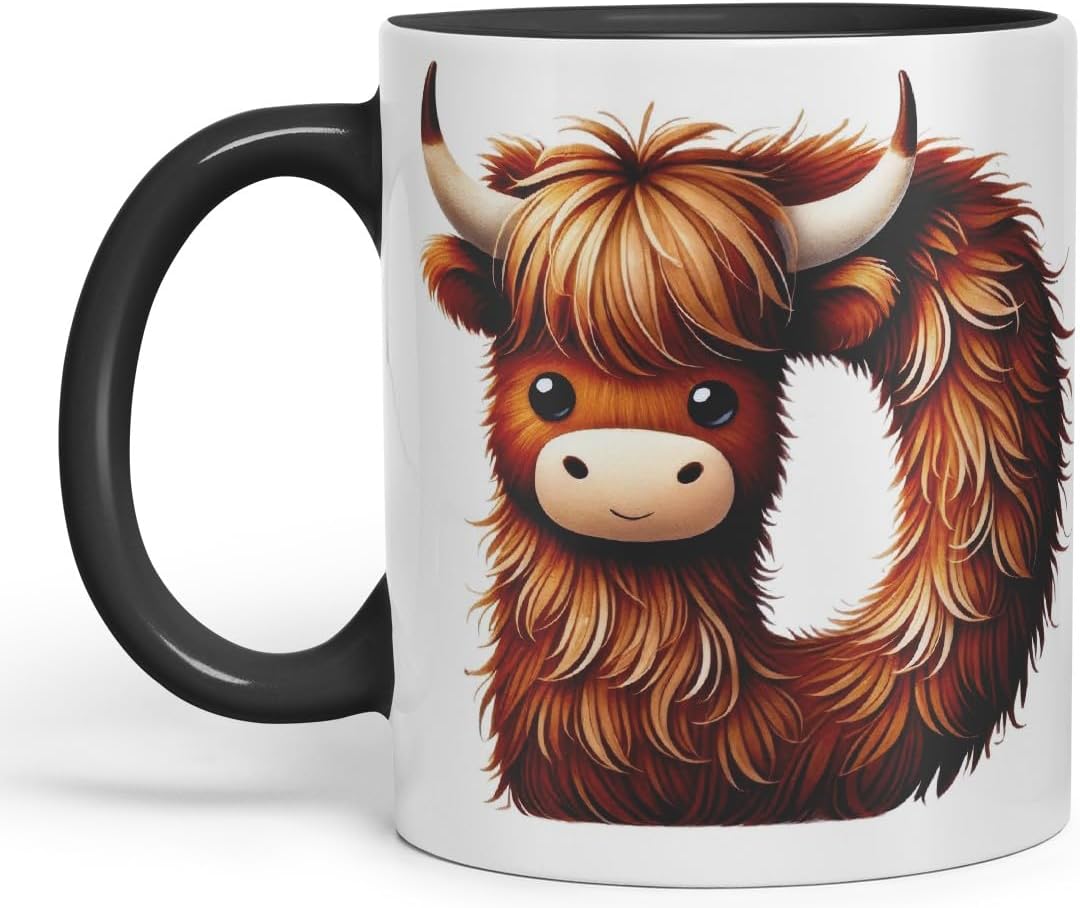 Highland Cow Alphabet Monogram Coloured Ceramic Cup Mug Letter D Rustic Farmhouse Animal Letter Gift V2 11oz (Black)