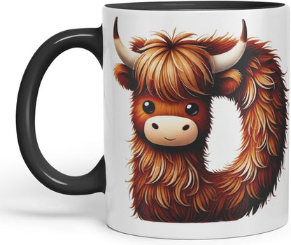 Highland Cow Alphabet Monogram Coloured Ceramic Cup Mug Letter D Rustic Farmhouse Animal Letter Gift V2 11oz (Black)
