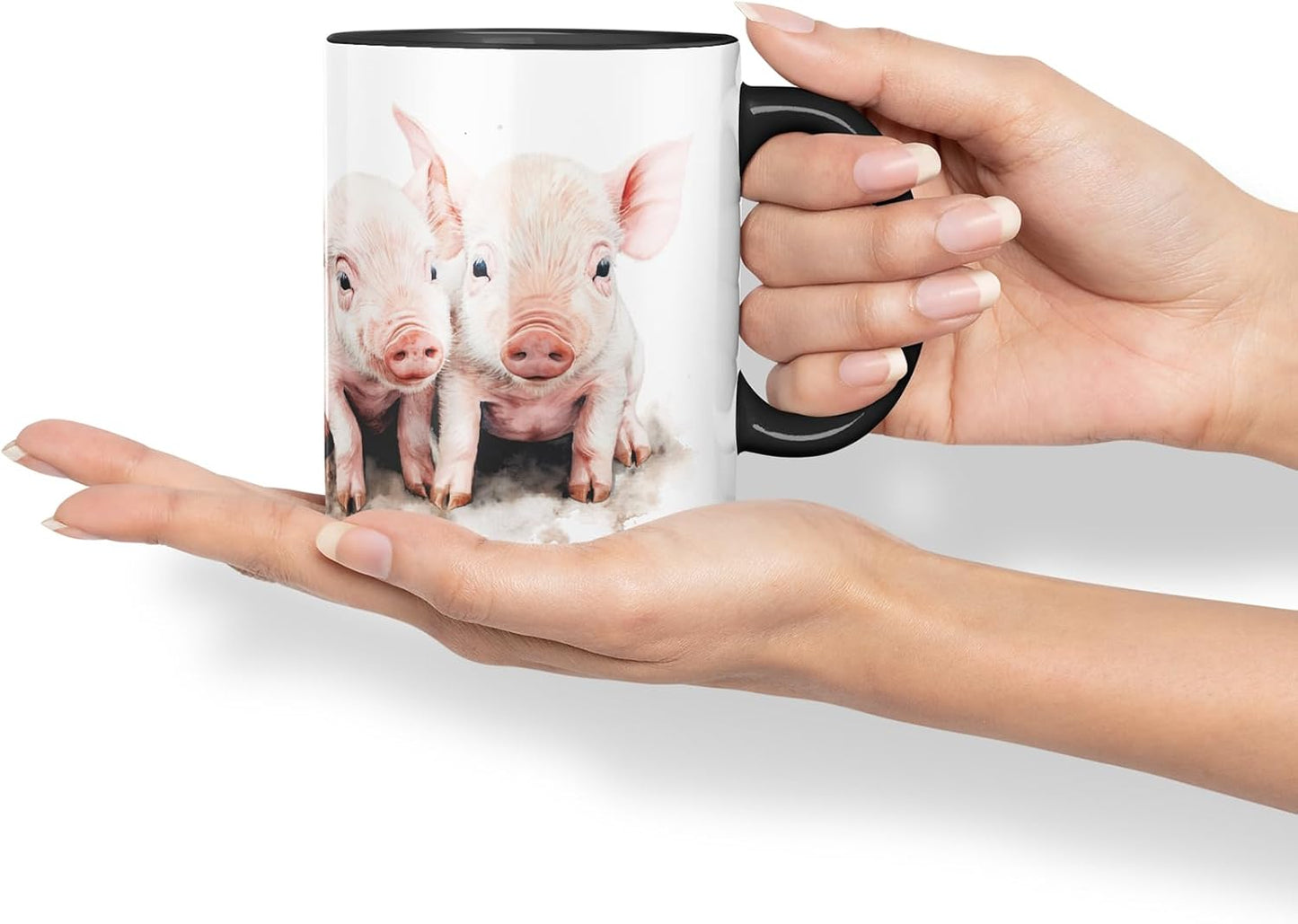 Vixar Watercolour Piglets Farm Pig aninams Mug – Coloured Ceramic Mug Cup Gift, 11oz (Black)