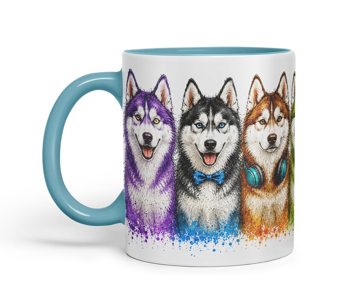 Huskies Mug – Cute Husky Dogs Coloured Ceramic Mug Cup Gift, 11oz (Black)