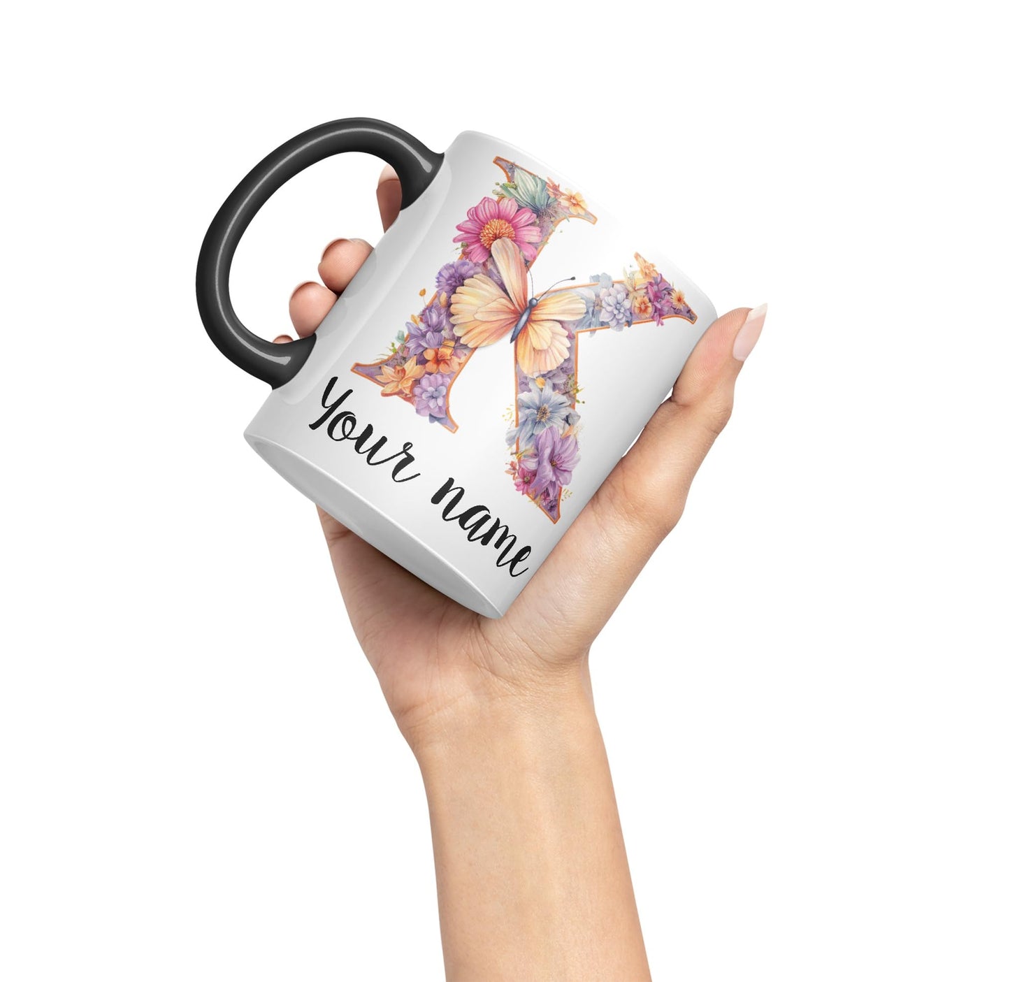 Personalised Letter K mug, Customized Custom Floral flowers butterfly Alphabet Letter K Monogram watercolour Ceramic Coloured Mug Cup for Tea Coffee Hot brew 330ml 11Oz Gift