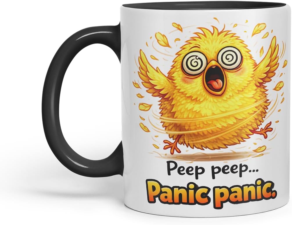Vixar Peep Peep Panic Panic Chick Coloured Ceramic Mug Cup Gift, 11oz (Black)