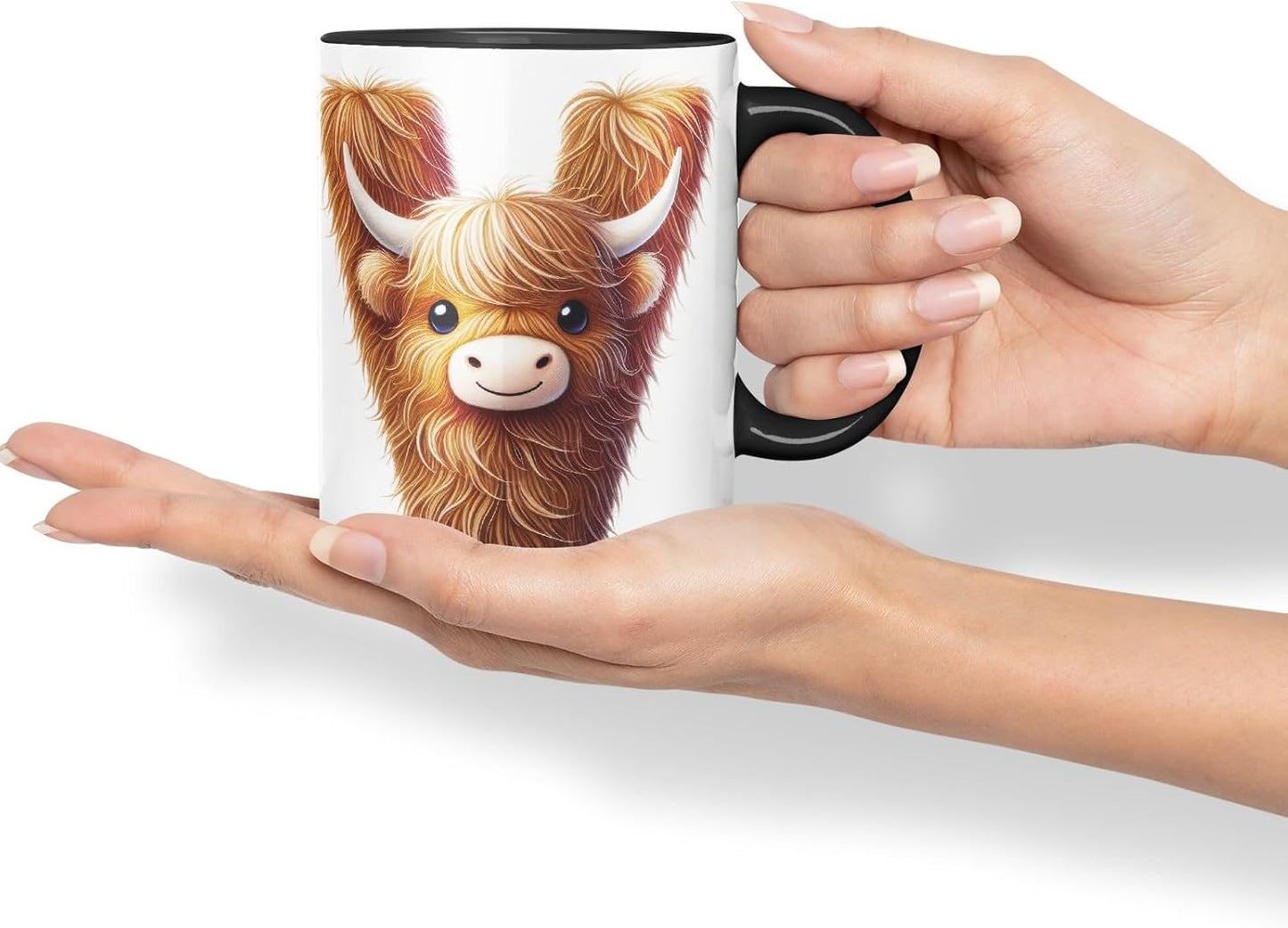 Highland Cow Alphabet Monogram Coloured Ceramic Cup Mug Letter V Rustic Farmhouse Animal Letter Gift V2 11oz (Black)