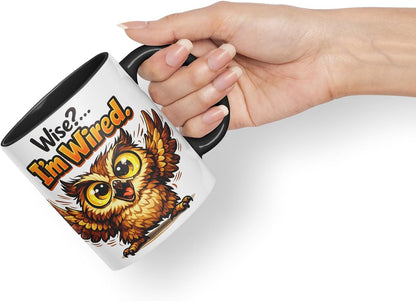 Vixar Wise I'm Wired Funny Owl Mug – Coloured Ceramic Mug Cup Gift, 11oz (Black)