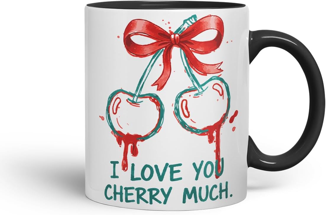 Vixar I Love You Cherry Much Mug – Coloured Ceramic Mug Cup Gift, 11oz (Black)