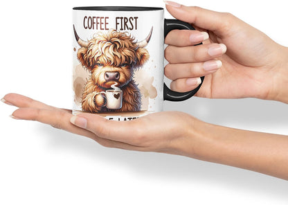 Vixar Coffee First Highland Cow Mug – Coloured Ceramic Mug Cup Gift, 11oz (Black)