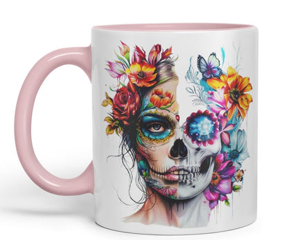 Vixar Sugar Skull Floral Woman Mug – Artistic Day of The Dead Design, Boho Coloured Mug Cup V1 (Pink)