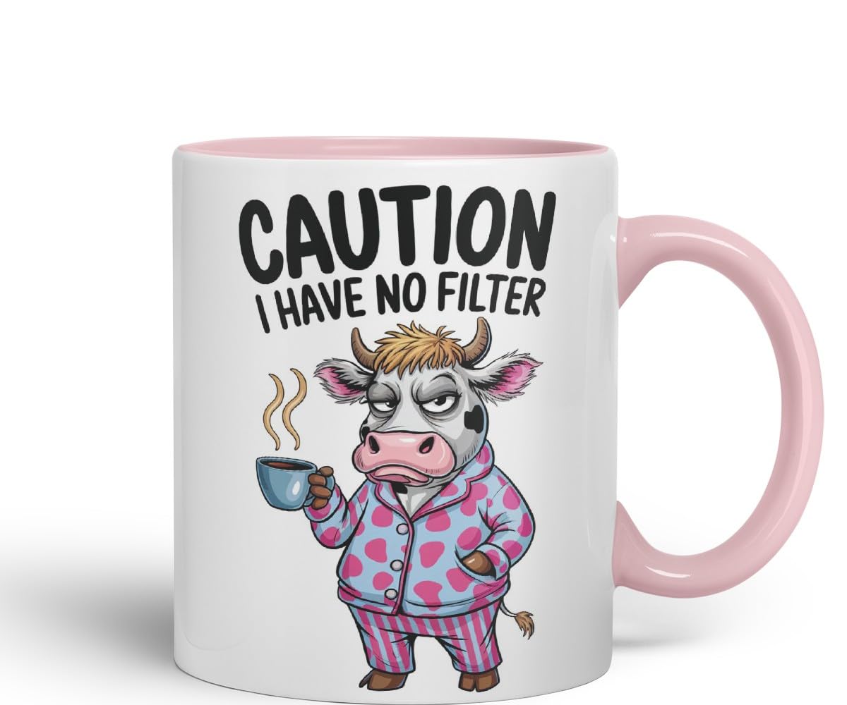 Vixar Caution I Have No Filter Cow Joke Coloured Ceramic Mug Cup Gift, 11oz (Black)