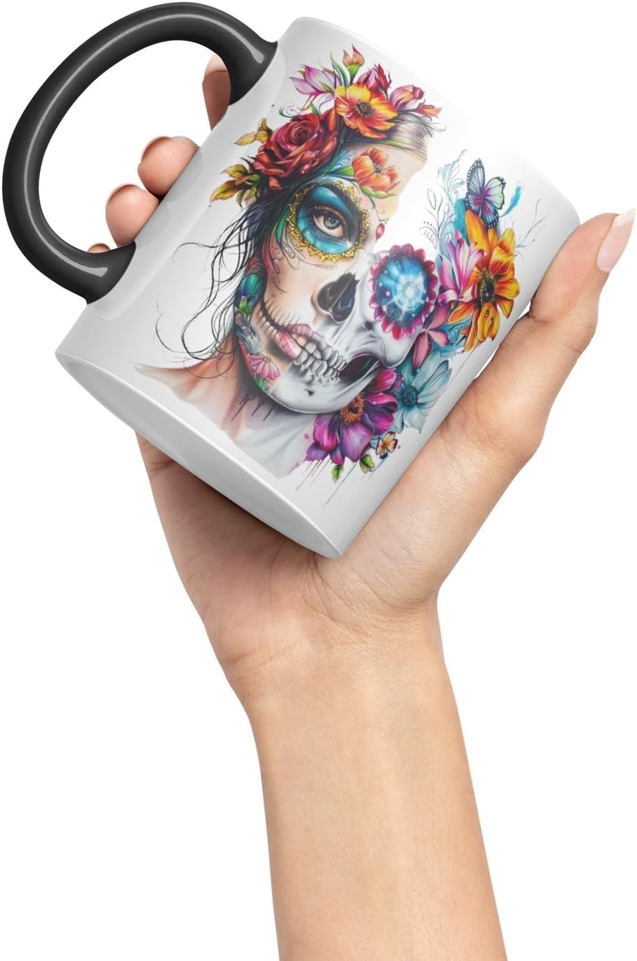 Vixar Sugar Skull Floral Woman Mug – Artistic Day of The Dead Design, Boho Coloured Mug Cup V1 (Pink)