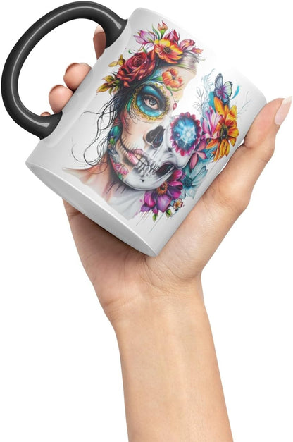 Vixar Sugar Skull Floral Woman Mug – Artistic Day of The Dead Design, Boho Coloured Mug Cup V1 (Pink)