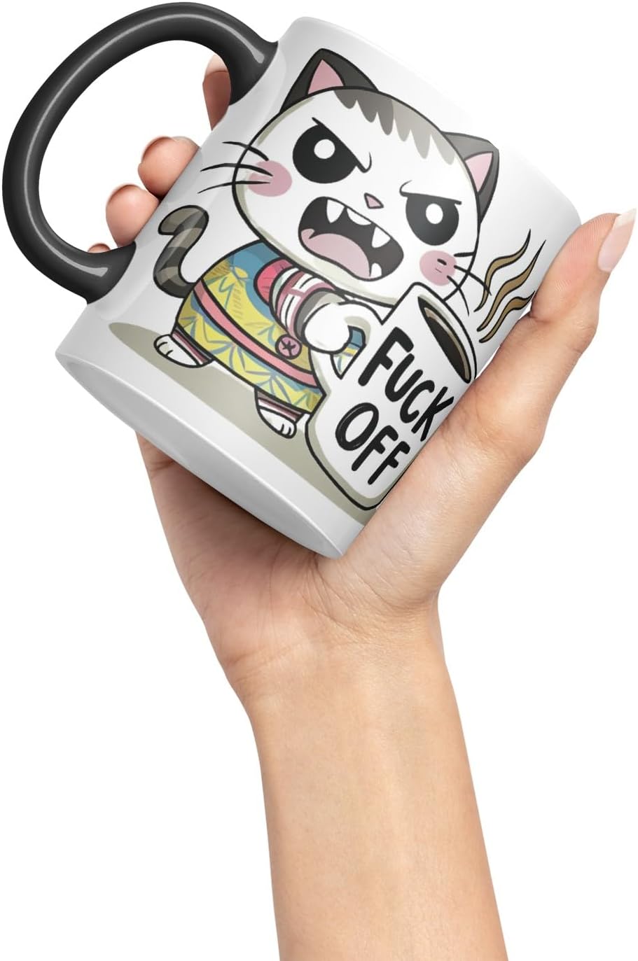 Vixar Angry Cat F** Off – Coloured Ceramic Mug Cup Gift, 11oz (Black)
