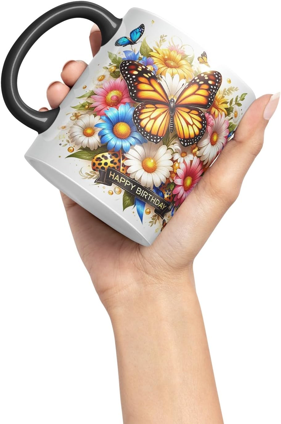 Vixar Happy Birthday Golden Butterfly Daisies Coloured Ceramic Mug Cup Gift 11oz V11 (Black)