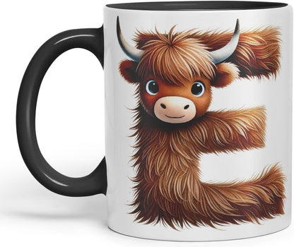 Highland Cow Alphabet Monogram Coloured Ceramic Cup Mug Letter E Rustic Farmhouse Animal Letter Gift V2 11oz (Black)