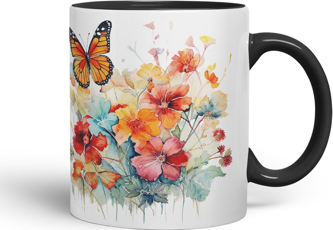 Vixar Ceramic Mug “Flowers & Butterfly” – Coloured Coffee & Tea Mug Cup 11oz 330ml (Black)