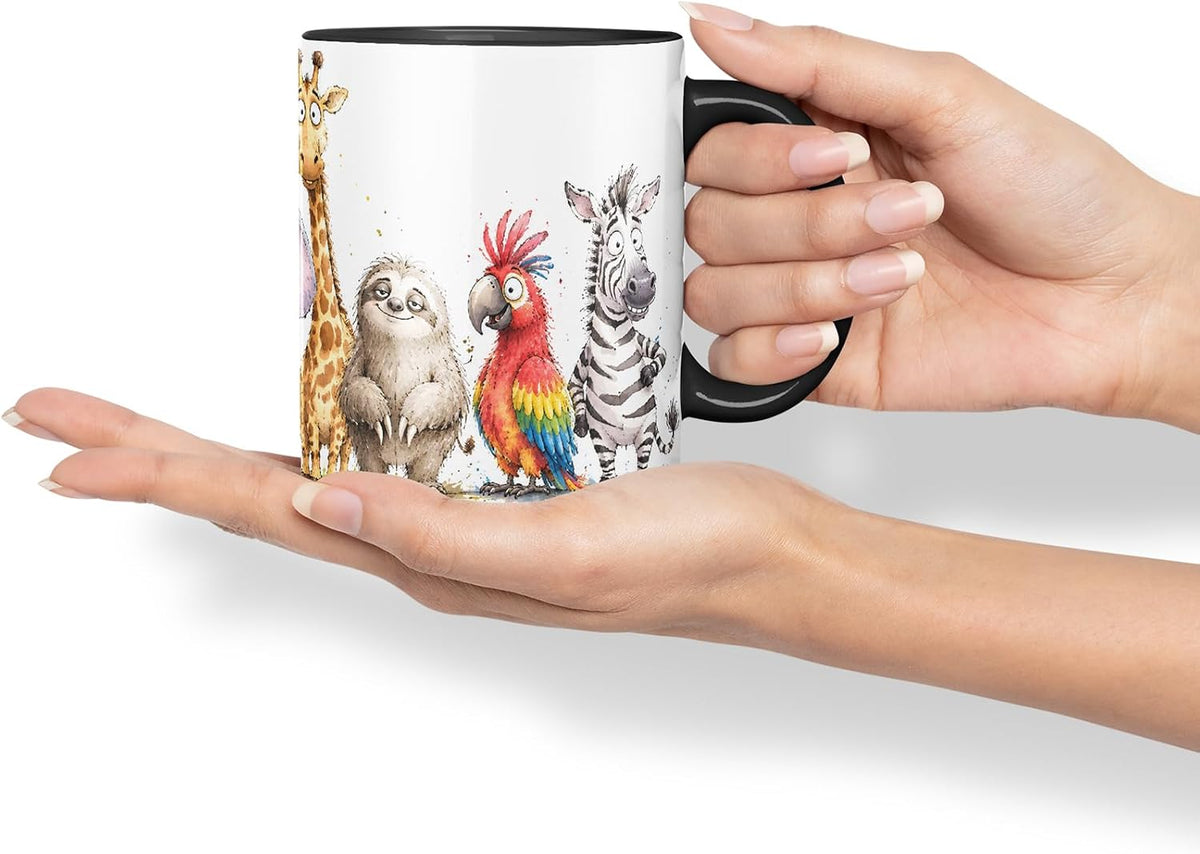 Vixar Cute Safari Animals Mug – Cute Safari Animals Coloured Ceramic Mug Cup Gift, 11oz (Black)