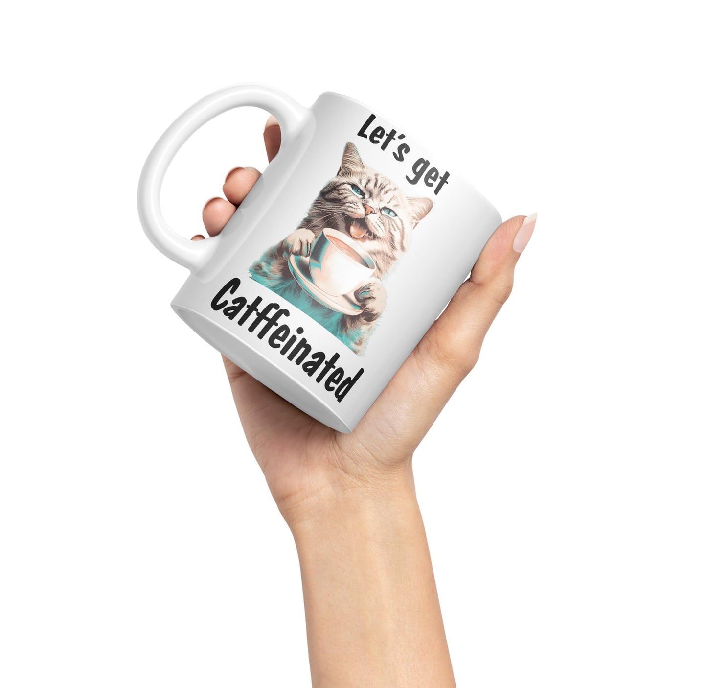 Let's get Caffeinated cat Kitten Joke sarkasm Sarcastic Ceramic Coloured Mug Cup for Tea Coffee Hot Brew 330ml 11Oz Gift