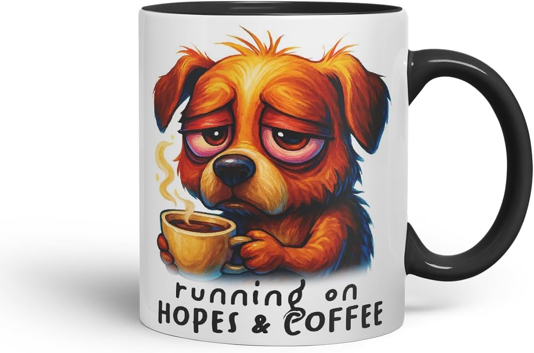Vixar Running On Hopes and Coffee Funny Dog Mug – Coloured Ceramic Mug Cup Gift, 11oz (Black)