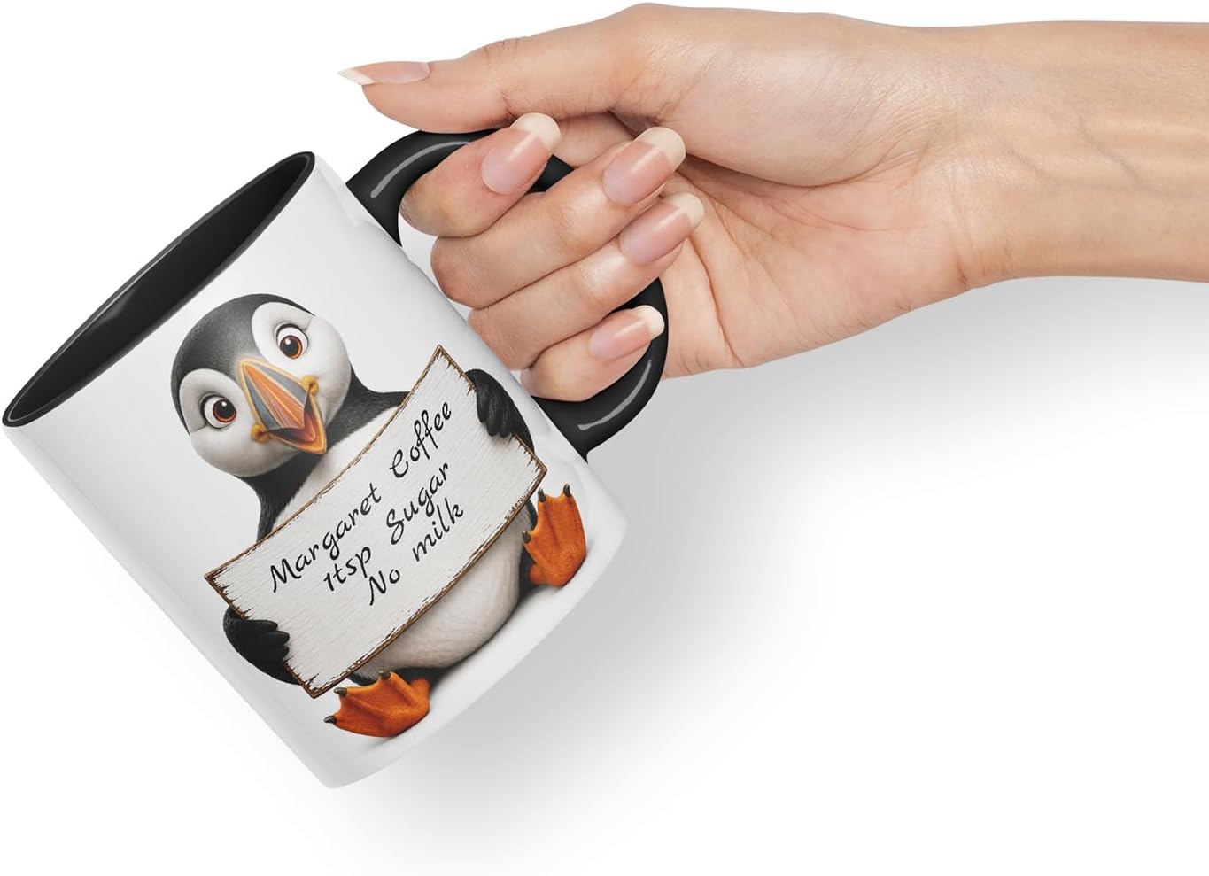 Vixar Personalised Puffin Mug with Name or Custom Message – Cute Animal Coloured Ceramic Mug Cup Gift, 11oz (Black)