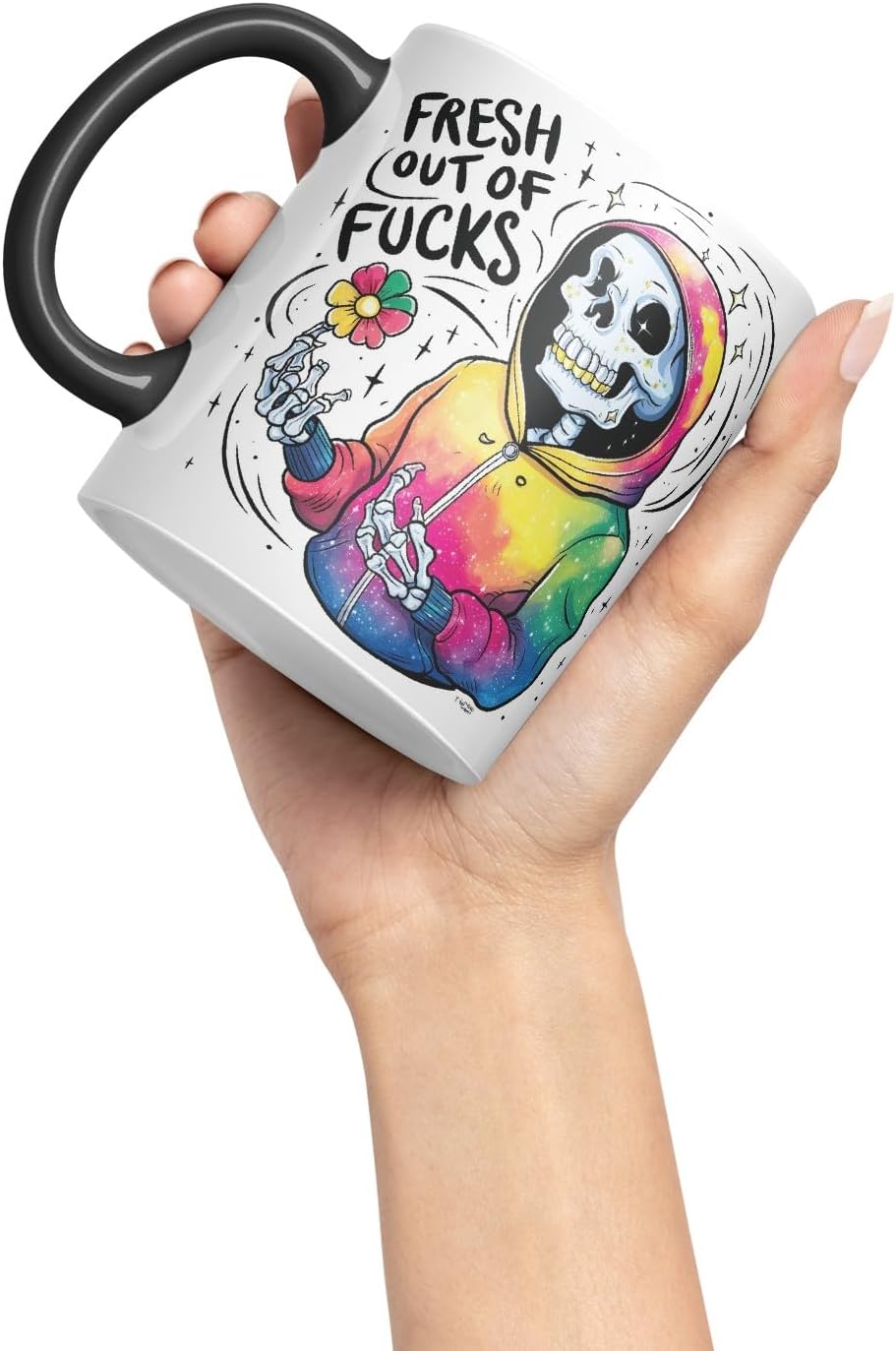 Vixar Fresh Out of Fs (Skeleton Hoodie) – Coloured Ceramic Mug Cup Gift, 11oz (Black)