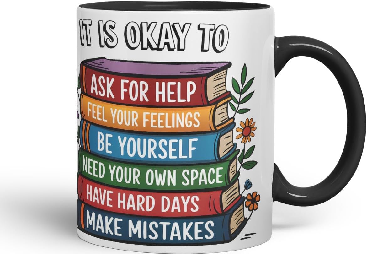 Vixar It is Okay to Ask for Help – Feel Your Feelings – Be Yourself – Need Your Own Space – Have Hard Days – Make Mistakes Coloured Ceramic Mug Cup Gift, 11oz (Black)