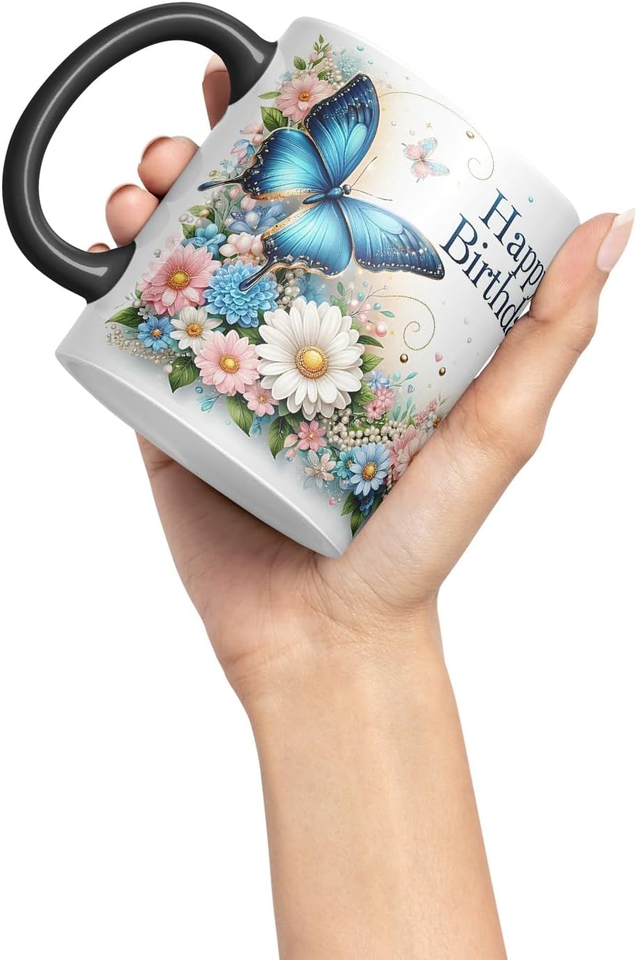 Vixar Happy Birthday Blue Butterfly Flowers Coloured Ceramic Mug Cup Gift 11oz V4 (Black)