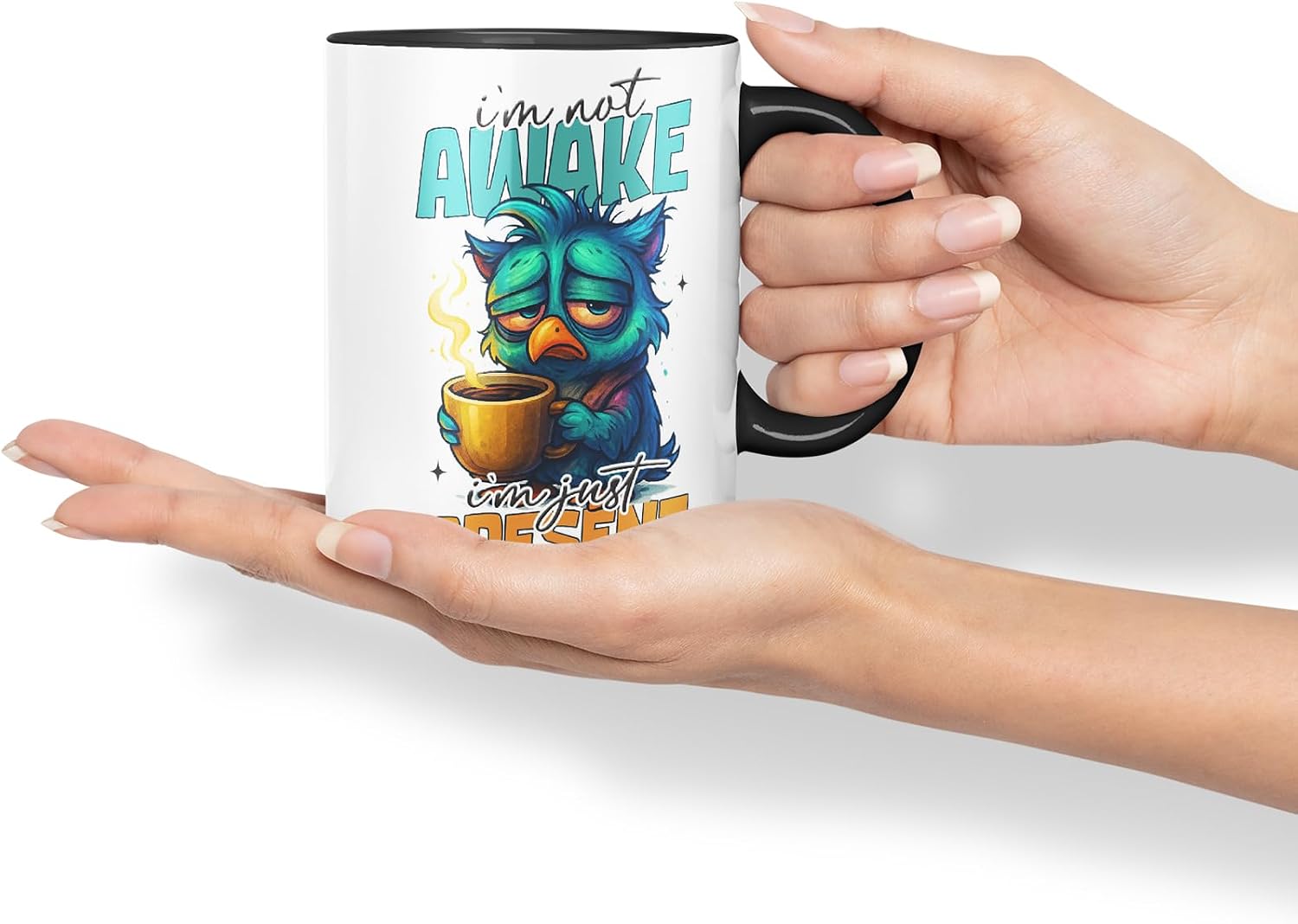 Vixar I'm Not Awake I'm Just Present Funny Owl Coffee Mug – Coloured Ceramic Mug Cup Gift, 11oz (Black)