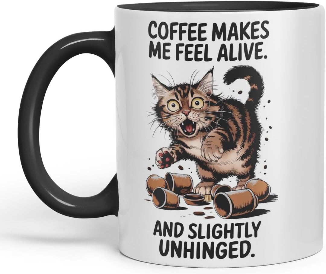 Vixar Coffee Makes Me Feel Alive and Slightly Unhinged Cat Mug – Coloured Ceramic Mug Cup Gift, 11oz (Black)