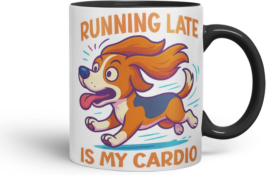 Vixar Running Late is My Cardio Beagle Dog Mug – Coloured Ceramic Mug Cup Gift, 11oz (Black)
