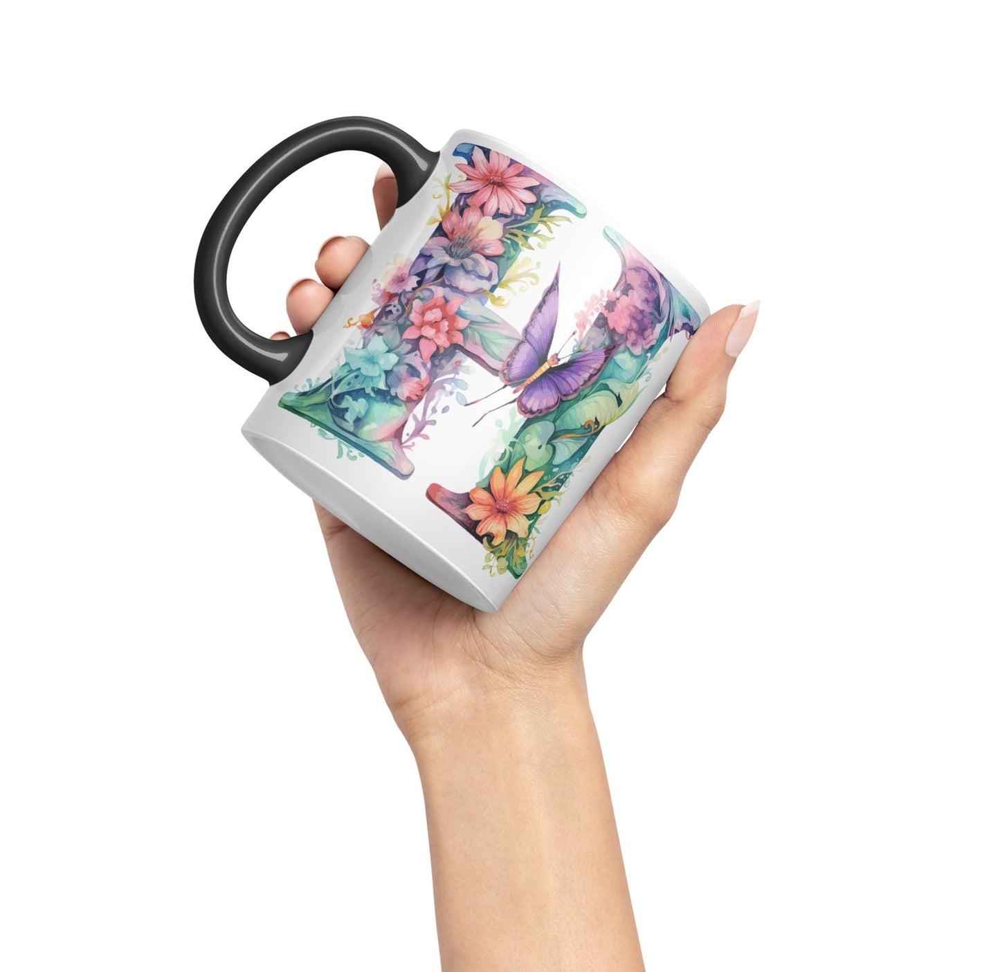 Letter H mug, Floral flowers butterfly Alphabet Letter H Monogram watercolour Ceramic Coloured Mug Cup for Tea Coffee Hot brew 330ml 11Oz Gift