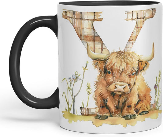 Vixar Highland Cow Alphabet Monogram Coloured Ceramic Cup Mug – Letter Y – Rustic Farmhouse Animal Letter Gift – 11oz (Black)