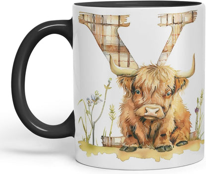 Vixar Highland Cow Alphabet Monogram Coloured Ceramic Cup Mug – Letter Y – Rustic Farmhouse Animal Letter Gift – 11oz (Black)