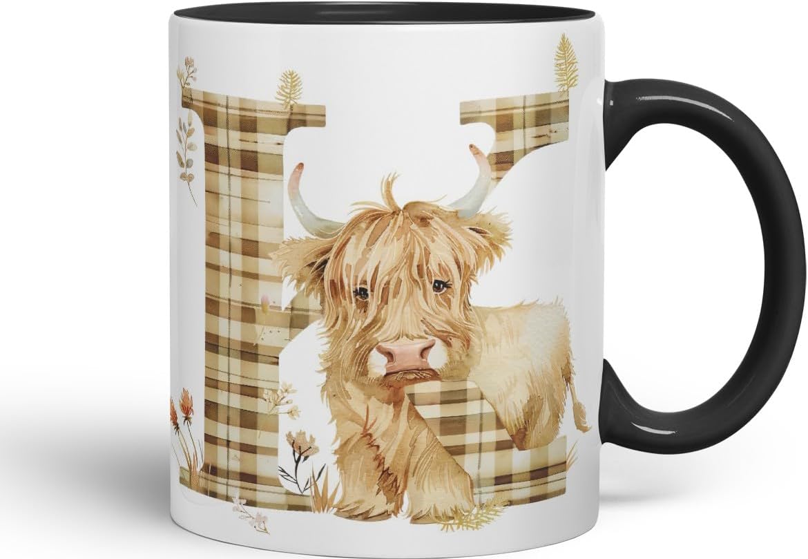 Vixar Highland Cow Alphabet Monogram Coloured Ceramic Cup Mug – Letter K – Rustic Farmhouse Animal Letter Gift – 11oz (Black)