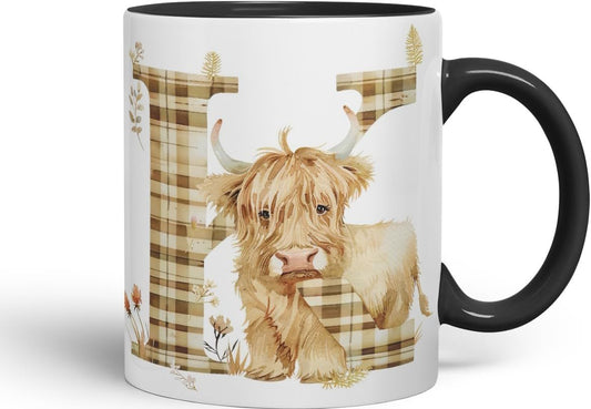 Vixar Highland Cow Alphabet Monogram Coloured Ceramic Cup Mug – Letter K – Rustic Farmhouse Animal Letter Gift – 11oz (Black)