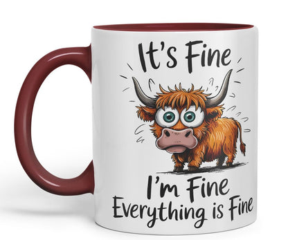 Vixar It's Fine I'm Fine Everything is ..., Highland Cow Scottish Joke Sarcastic Ceramic Coloured Mug Cup 330ml 11Oz (Black)