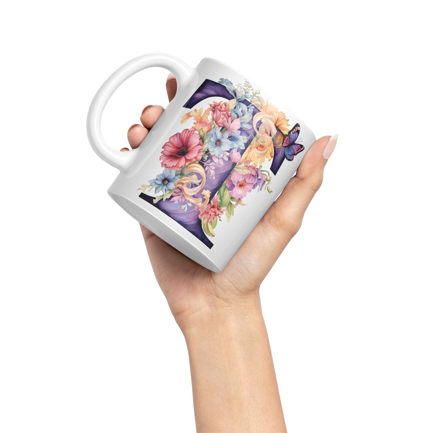 Letter T mug, Floral flowers butterfly Alphabet Letter T Monogram watercolour Ceramic Coloured Mug Cup for Tea Coffee Hot brew 330ml 11Oz Gift