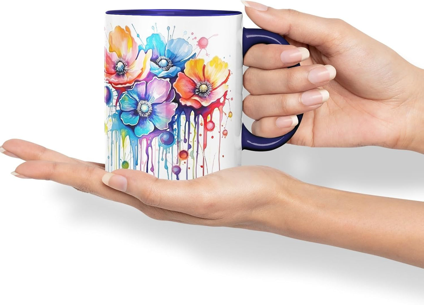 Vixar Anemone Watercolour Floral Mug Coloured Ceramic Mug Cup Gift, 11oz (Navy)