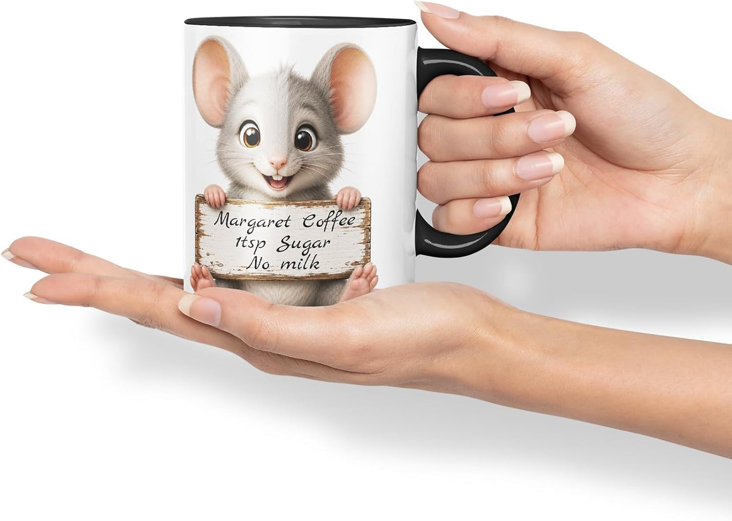 Vixar Personalised Mouse Mug with Name or Custom Message – Cute Animal Coloured Ceramic Mug Cup Gift, 11oz (Black)