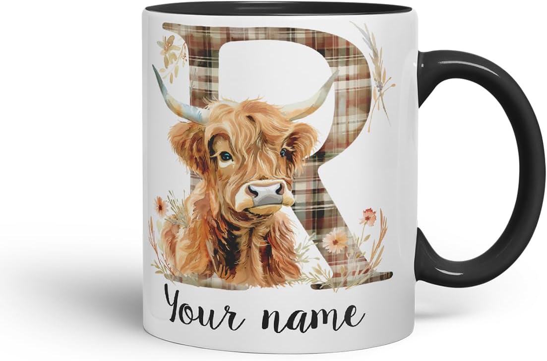Vixar Personalised Highland Cow Initial Letter R Custom Name Mug – Coloured Ceramic Mug Cup Gift, 11oz (Black)