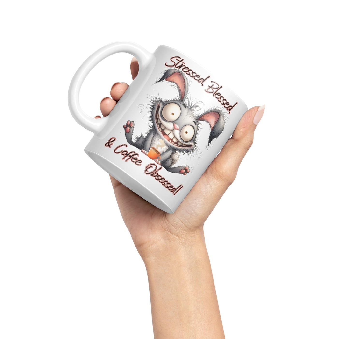 Stressed, Blessed & Coffee Obsessed! Bunny Hare Joke sarkasm Sarcastic Ceramic Coloured Mug Cup for Tea Coffee Hot Brew 330ml 11Oz Gift