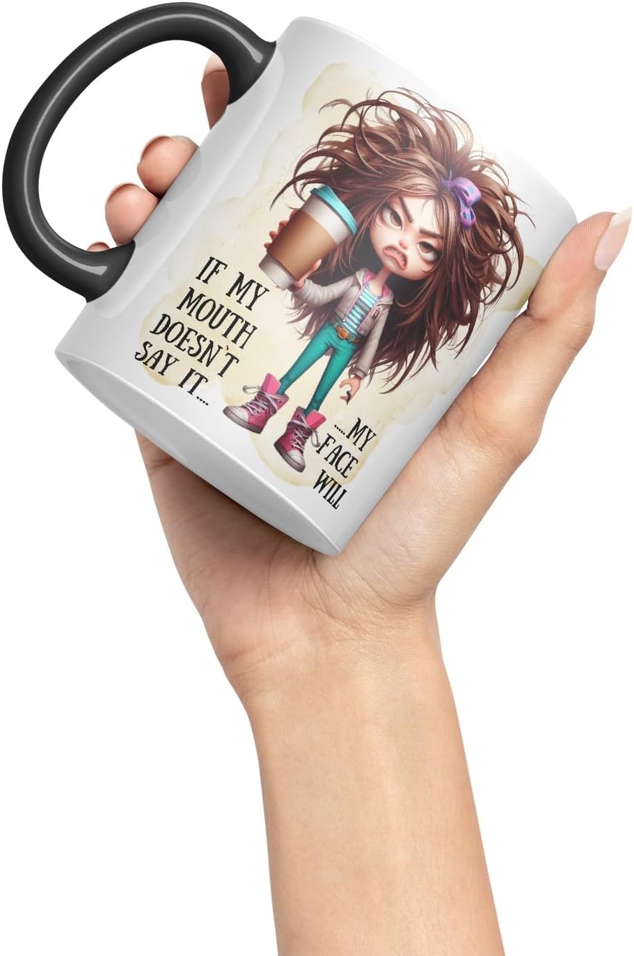 Grumpy Woman Funny Mug – If My Mouth Doesn’t Say It My Face Will – Coloured Ceramic Mug Cup Gift, 11oz (Black)