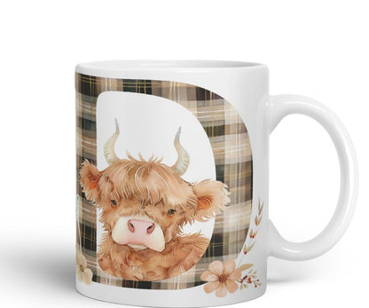 Vixar Highland Cow Alphabet Monogram Coloured Ceramic Cup Mug – Letter D – Rustic Farmhouse Animal Letter Gift – 11oz (Black)