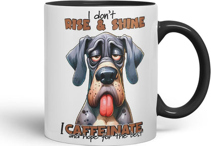 Vixar I Don’t Rise & Shine — I Caffeinate and Hope for The Best Sarcastic Great Dane Dog Mug, Coloured Ceramic Cup 11oz (Black)