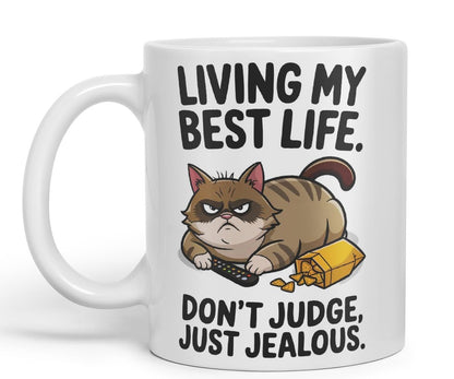 Living My Best Life Don’t Judge Cat Mug – Coloured Ceramic Mug Cup Gift, 11oz (Black)